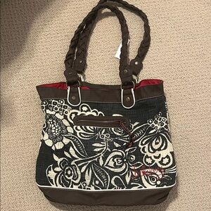 Billabong Floral Tote Bag Braided Strap Jahbaulu White And Black Graphic Beachy